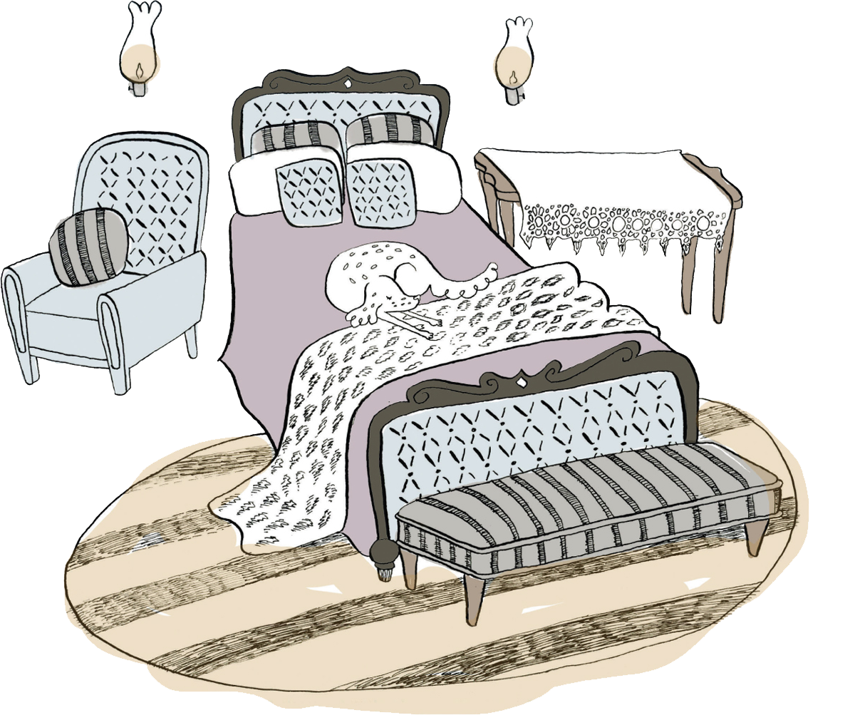 graphic of bedroom with dog sleeping on blanket