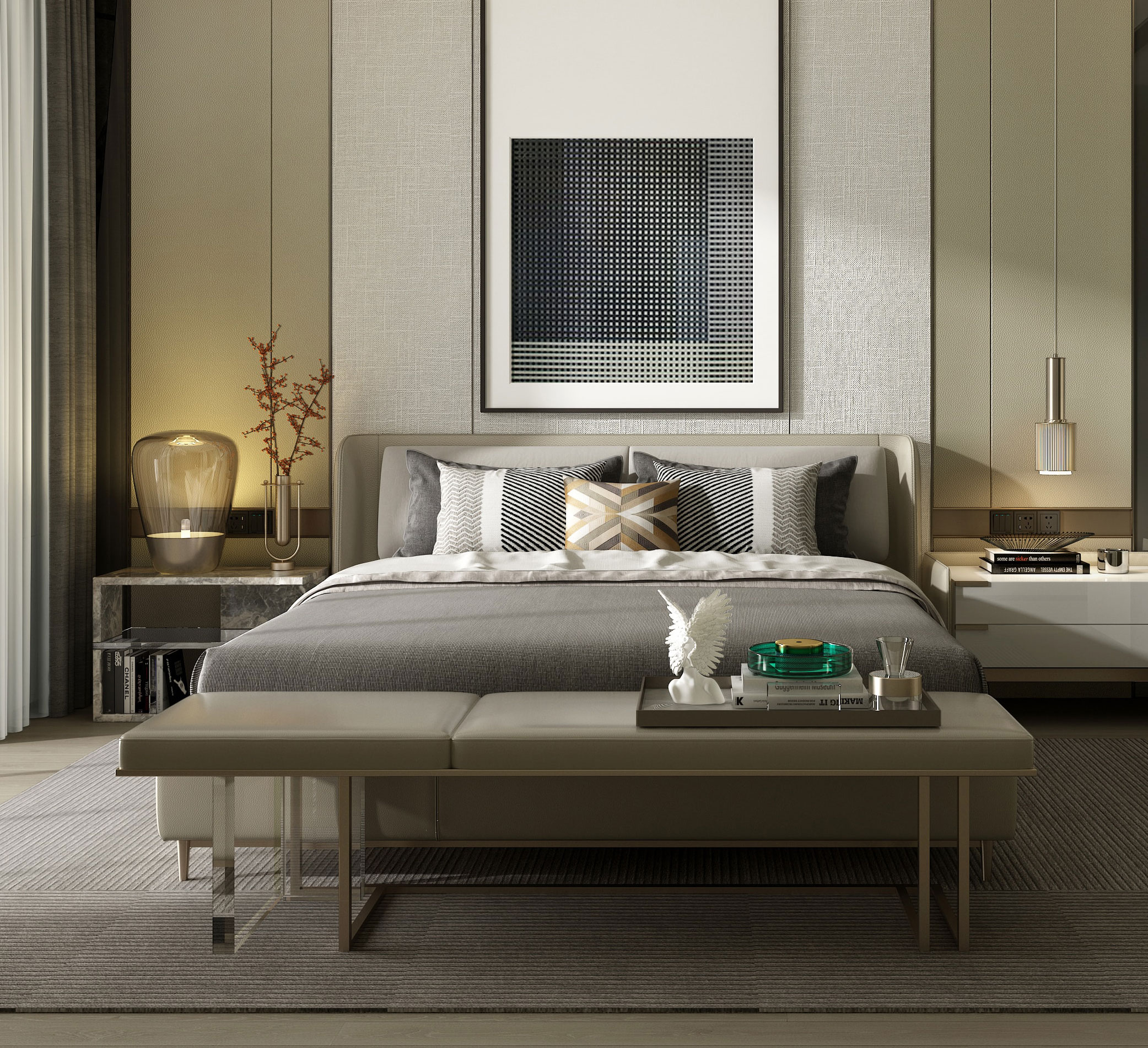 modern bedroom with grey bedding