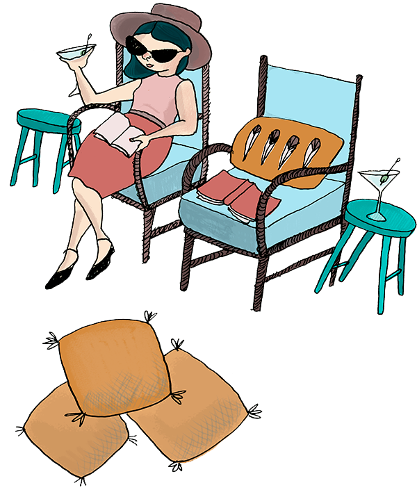 cartoon of woman relaxing in chair with pillows